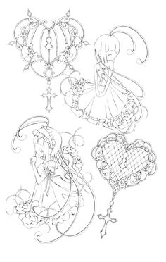 an image of some paper dolls with hearts and flowers on them, one is holding a balloon