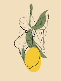 a drawing of a lemon and leaves on a light brown background with green stems in the foreground