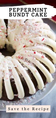 a peppermint bundt cake with white icing and sprinkles