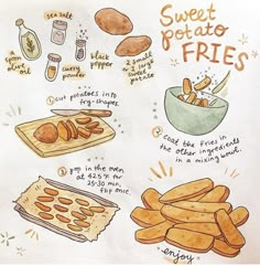 a drawing of sweet potato fries with instructions on how to make them and what to use them