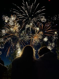 people are watching fireworks in the night sky