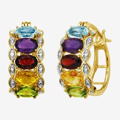 Captivating color! These gorgeous multi-gemstone hoop earrings glow with a vibrant rainbow of genuine sky blue topaz, amethyst, garnet, citrine and peridot stones.Stones: 6x4mm oval genuine sky blue topaz, amethyst, garnet, citrine and peridotOther Stones: Diamond accentsDimensions: 9.47x21.31mmGemstones may be treated and may require special care.Some diamonds may consist of fewer than 17 facets.Jewelry photos are enlarged to show detail.Features: Quick ShipSetting: ProngStone Cut: OvalEarring Multicolor Gemstone Accented Fine Jewelry Earrings, Multicolor Gemstone-accented Fine Jewelry Earrings, Multicolor Fine Jewelry Hoop Earrings As Gift, Multicolor Hoop Jewelry For Anniversary, Oval Multicolor Earrings For Anniversary, Multicolor Oval Earrings For Anniversary, Oval Multicolor Anniversary Earrings, Multicolor Multi-stone Hoop Earrings As Gift, Elegant Multicolor Gemstone Hoop Earrings