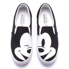 Shoes Design Ideas, Shoes Sketch, Mickey Mouse Shoes, Shoes Closet, Shoes Cabinet, Black Canvas Shoes, Mickey Mouse Print, Black Slip On Sneakers, Shoes Aesthetic