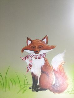 a painting of a red fox with a scarf around it's neck sitting in the grass