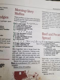 an open book with instructions on how to make muffins and other breakfast foods