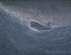 a painting of a boat in the middle of a large wave