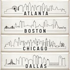 four different cities are shown in black and white, with the names of each city