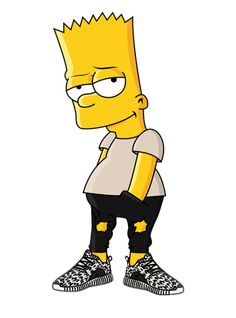 the simpsons is standing with his hands in his pockets and looking at something while wearing sneakers