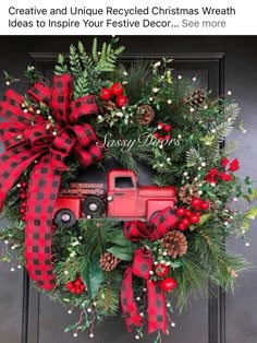 a christmas wreath with a red truck on it