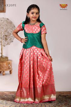 Grey Satin Twin Leaf Pattu Pavadai For Girls - Festive Wear Quick overview Color : Peach Size  : 1-16 Years Sleeves : Puff Sleeve Wash  : Dry wash | Do not wrinkle | Low iron Pattu Pavadai Designs For Kids, Pattu Langa For Kids, Pattu Pavadai Blouse Designs, Pattu Pavadai Kids Blouse Designs, Pattu Lehenga For Kids, Pattu Pavadai Designs, Langa Blouse