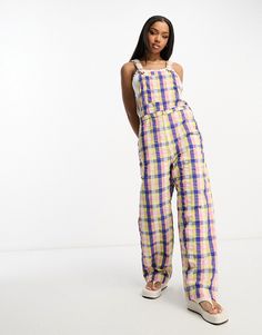 Jumpsuits & Rompers by Monki Your no effort, effort-maker Classic overalls design Button straps Chest pocket Buttoned sides Wide leg Regular fit Dungarees Street Style, Dungarees Aesthetic, Unique Overalls, Fun Overalls, Fruity Aesthetic, Gingham Overalls, Overalls Design, Holiday Dress Outfit, Skirt Co Ord