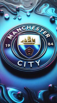 the manchester city logo is shown on a shiny surface with blue and purple swirls