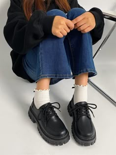 Black Cool Collar   Plain Oxfords Embellished   Women Shoes Woman Black Shoes, Black Chunky Lace Up Shoes Outfit, Platform Lace Up Loafers Outfit, Black Lace Up Shoes Outfit, Oxfords Shoes Women's, Lace Up Oxfords Women, Aesthetic Oxford Shoes, Black Platform Oxfords Outfit, Lace Loafers Outfit