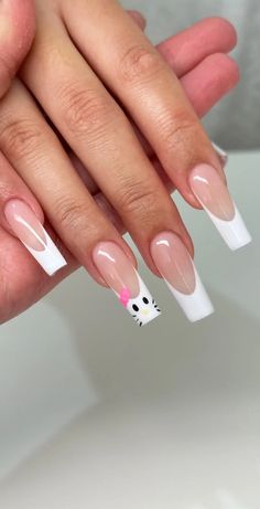 Nail Ideas Acrylic Ballerina, Nail Ideas Y2k Hello Kitty, Medium Nails Acrylic Hello Kitty, Hello Kity Nails Acrylic, Basic Hello Kitty Nails, Hello Kitty Nails Simple, Cute Nails Hello Kitty, Nails Acrylic Hello Kitty, Hello Kitty French Tip Nails