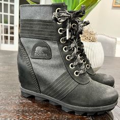 Sorel Black Wedge Booties. Lace Up With Hidden Wedge. Amazingly Comfortable. Smoke Free Bug Free Home. Winter Leather Lace-up Wedge Boots, Sorel Wedge Boot, Sorel Black Wedge, Sorrel Joan Of Arctic Wedge Boots, Sorel Wedge, Sorel Wedge Boots, Sorel Wedges, Black Wedge Booties, Sorel Shoes