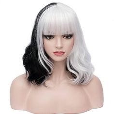 RightOn 14" Black White WigTwo Tone Wig Short Curly Wig Women Girl's Synthetic Wig Black White Mix Wig with Bangs Wig Cap Included. About this item Cap Size: About 22.5 Inches with Adjustable Straps, 2 adjustable straps could help you adjust the wig cap size less or more for about 1-1.5 inches. Specification: Length:13.5"-14" from top to end, 21.5"-22" from front to back(the bangs and scalp included), Weight-200g Approx, Color-Half Black/White. About The Style: All wigs are trimmed by hand, so t Black And White Wig, Light Bangs, Bang Wig, Curly Short, Curly Bangs, Short Curly Wigs, Wig Short, Bohemian Hairstyles, Wig With Bangs