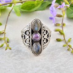 Labradorite and Amethyst Both Gemstone Ring, Triple Stone Ring, 925 Sterling Silver Ring, Vintage Labradorite Ring For Women, Handmade, boho Enjoy Free Shipping on All Orders Product Description:-  PRODUCT CODE     :-    SIZE           :-    All Size Are Available. Choose From Variation. METAL           :-    925 sterling Silver STONE                    :-    Labradorite, Amethyst STONE SHAPE        :-    Oval PURITY           :-    925  Ring can be customized on request and gemstone can be made to any gemstone you want. If You Need Faster Shipping, Please Contact us Please Make Sure to Include The Correct Address During Before Order. You Can return Item within 30 Days After Successful Delivery. We Offer 100% Money Back Guarantee If You Not Satisfied With Your Purchase. Return Charge Will Bohemian Moonstone Crystal Ring For Healing, Bohemian Oval Multi-stone Rings, Bohemian Sterling Silver Crystal Ring With Gemstone Accents, Bohemian Oval Moonstone Ring, Bohemian Sterling Silver Amethyst Ring With 925 Stamp, Bohemian Sterling Silver Amethyst Ring, Silver Bohemian Amethyst Rings, Bohemian Moonstone Crystal Ring With Natural Stones, Bohemian Oval Crystal Ring With Natural Stones