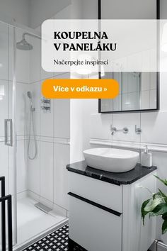 a white bathroom with black and white tile on the floor is featured in this ad