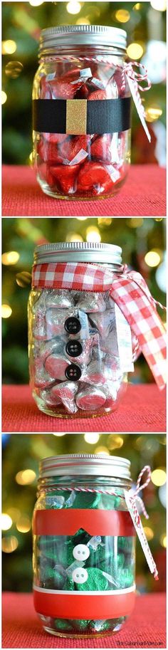 three pictures of jars filled with candy canes and candies, one is empty