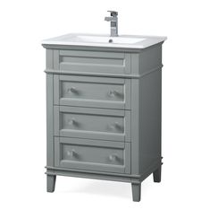 a bathroom vanity with drawers and a sink on the bottom shelf is shown in grey