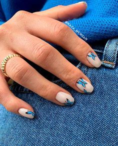 Blue Butterfly Nails Short, Short Nails With Butterflies, Short Nails Butterfly, Short Butterfly Nails, Spring Butterfly Nails, Summer Butterfly Nails, Butterfly Nails Blue, Butterfly Nails Short, Nude Square Nails