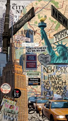 the new york city street sign is covered in stickers and signs that read new york