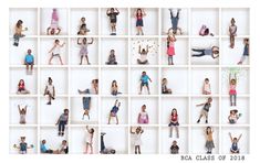 a group of people standing and sitting in front of a white wall with the words bca class of 2018 written on it