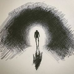 a drawing of a person walking into a dark tunnel