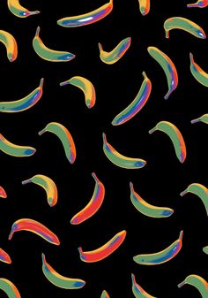 an image of colorful bananas on a black background that looks like it has been painted