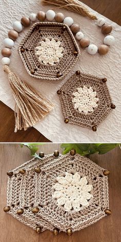 crocheted doily with beads and tassels on the side, along with other items