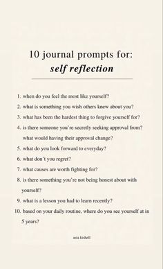 a page with the text 10 journal prompts for self reflection