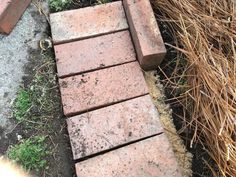 a brick walkway that is laying on the ground next to some grass and weeds in front of it