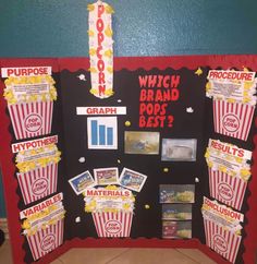 a bulletin board with popcorn and other items on it