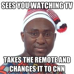 a man wearing glasses and a hat with the caption sees you watching tv takes the remote and changes it to cnn