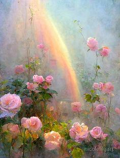 a painting of pink roses with a rainbow in the background