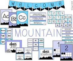 a blue and white mountain themed classroom display