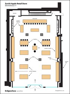 the floor plan for an apple retail store, with tables and chairs in each area