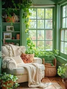 a living room filled with furniture and lots of green plants on the windows sill