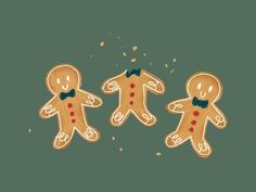 three gingerbread men with bow ties on green background