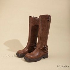 Lasaky - Vintage Western Leather Boots with Chunky Heels, High Shaft, Square Toe, and Brown Fashionable Design Brown Boots Fashion, Cowboy Vintage, Comfortable High Heels, Rough Heels, Brown Design, Leather Western Boots, High Leather Boots, Heels High, Cowboy Style