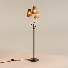 three light floor lamp with brown shades on the lampshade and cord attached to it