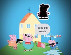 pepa pig and other cartoon characters in front of a house with a sign that says pepa pig