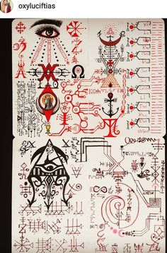 a piece of paper with many different designs on it, including an eye and other symbols