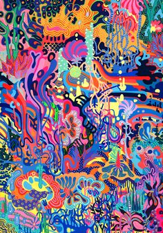 an abstract painting with many colors and shapes