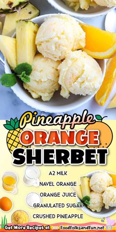 orange sherbet ice cream recipe with pineapples and orange slices in the background