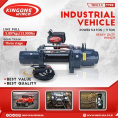 an advertisement for the kingone winch industrial vehicle dealership, with images of vehicles and tools