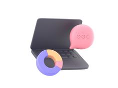 a laptop computer with a pink and purple speech bubble sitting on top of it