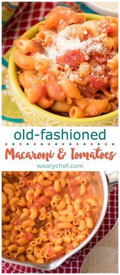 old - fashioned macaroni and tomato sauce in a bowl with the title above it