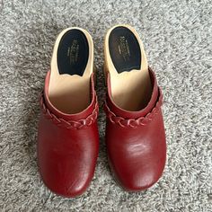 Hasbeen Clogs Mules In Red With Braiding Details. Worn Once. Tiny Scratch On One Shoe. Otherwise Great Condition. Make An Offer Or A Bundle. Swedish Hasbeens, Clogs Shoes, Mule Clogs, Mules Shoes, Red Yellow, Clogs, Yellow, Women Shoes, Fashion Design