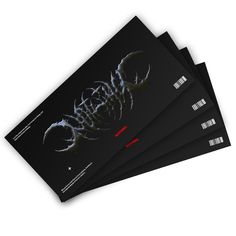 three black tickets with white lettering on the front and back covers, each featuring a dragon